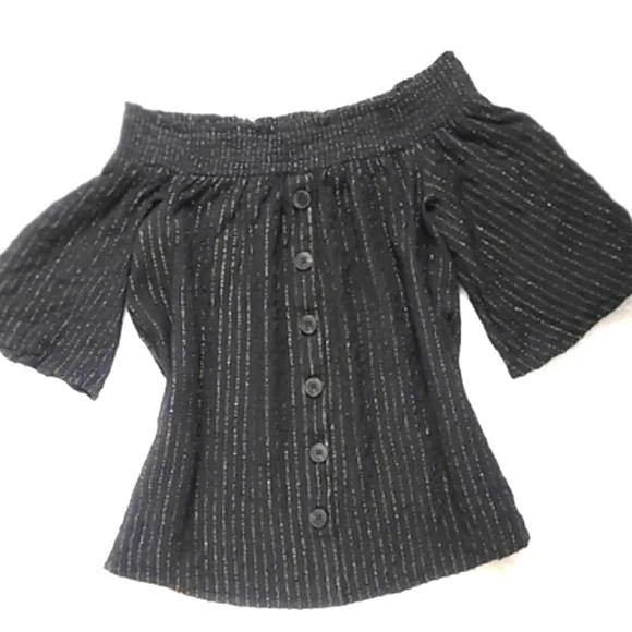NWOT!Off The Shoulder Button Front Metallic Striped Women's Boho Chic Top Small - Picture 4 of 9